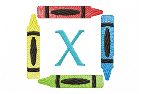 Crayons Frame Monogram Letter X: School Embroidery